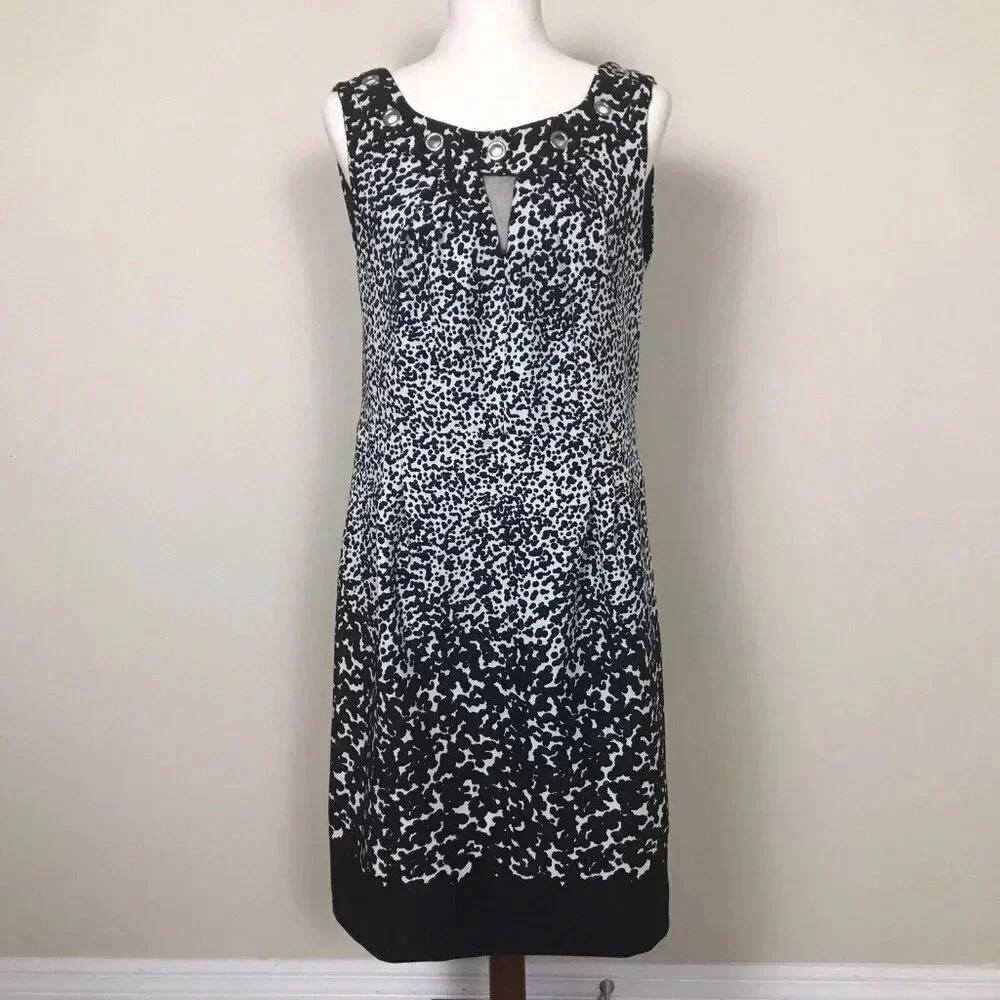 Black White Sleeveless Sheath Dress Size 14 Pleated Animal Print AA Studio Artsy